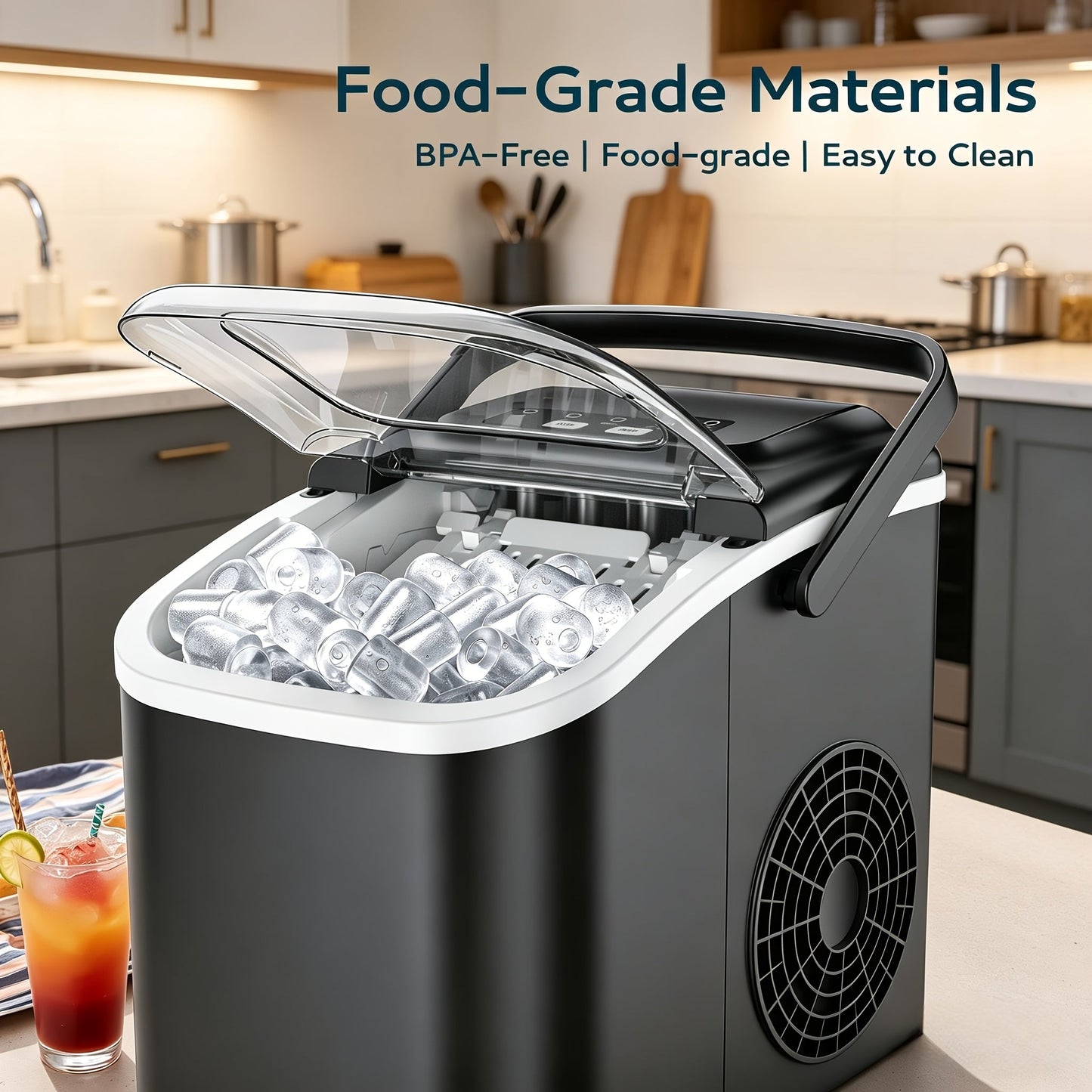 Portable Ice Maker Countertop – Bullet Ice Machine 26-29 Lbs Daily, 9 Ice Cubes in 6 Mins, Self-Cleaning, Quiet Under 45dB, with Handle