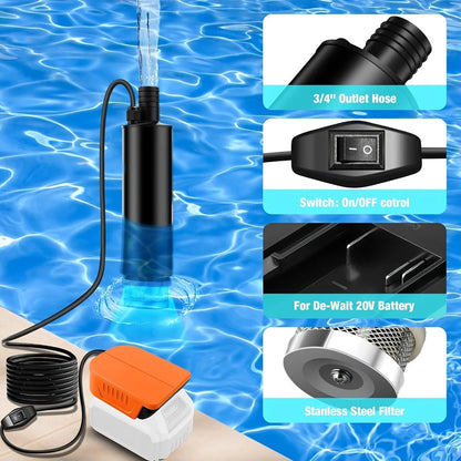 Cordless Water Transfer Pump for DeWalt 20V 60V Battery 635GPH Portable Sump Pump for Pool for Entryways, Bedrooms and Living Spaces