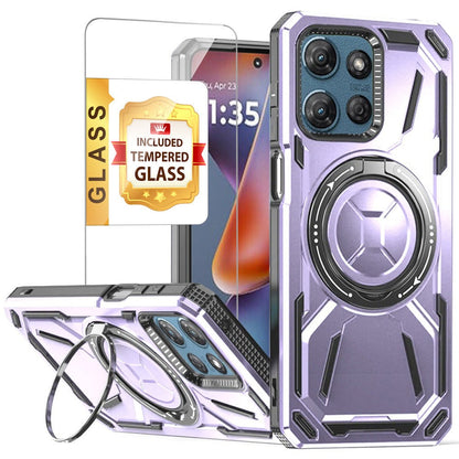 Phone Case Ring Stand Cover with Tempered Glass Protector for Moto G Power 5G 2025 in Five Colors