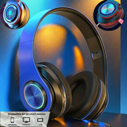 LED Light Over-Ear Wireless Headphones Deep Bass Subwoofer, Active Noise Cancelling Foldable Headset Bluetooth 5.3