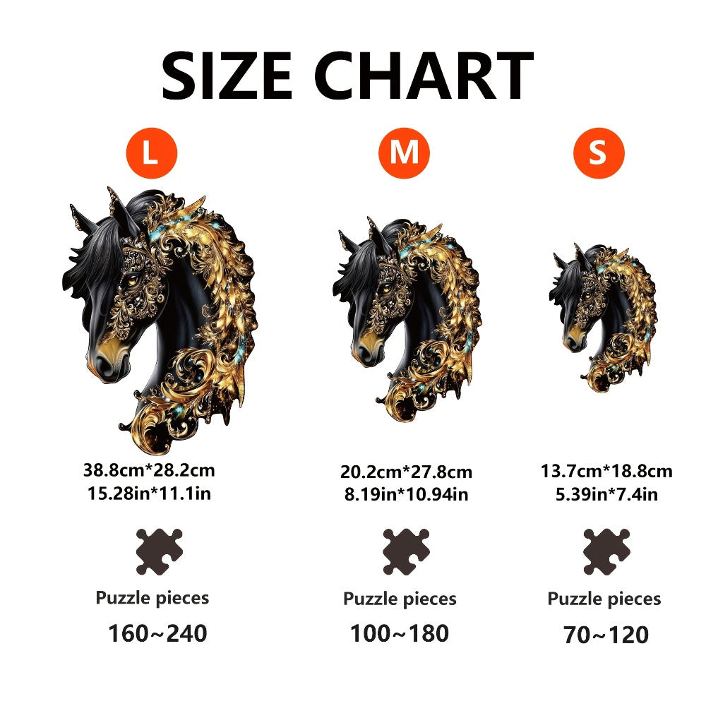 Ornate Horse Silhouette Wooden Jigsaw Puzzle with Gold-Tone Scrollwork in Three Size Options for Display