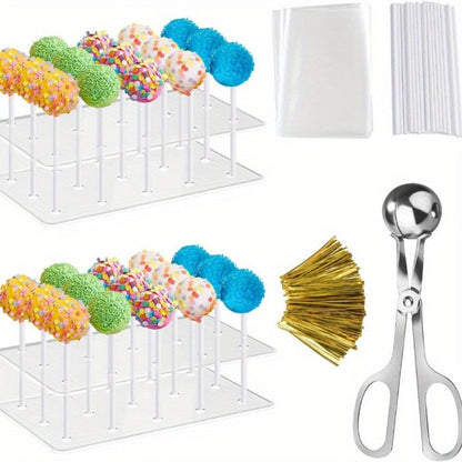 Cake Pop Kit 304pcs Complete Set, Includes Cake Pop Mold, 2 Display Stands, 100 Lollipop Sticks, 100 Treat Bags and 100 Twist Ties