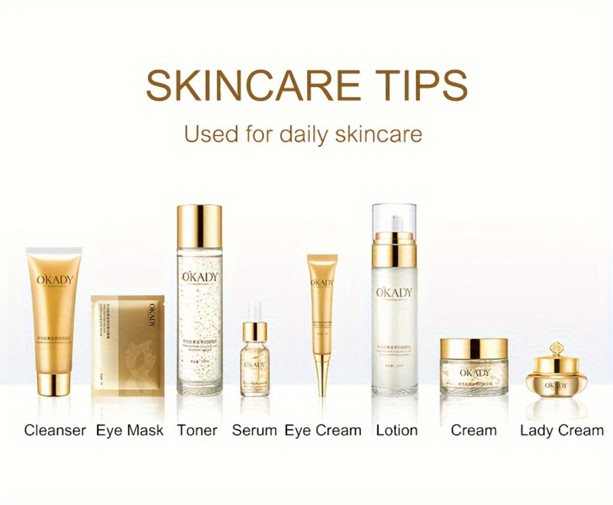 Skincare Set with OKADY Label, 10 Gold-Themed Pieces with Mud Mask Stick and Day Night Product Forms