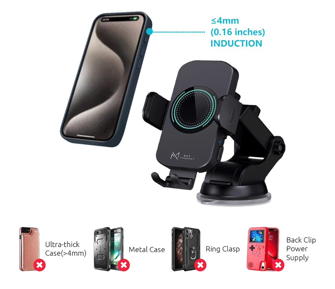 15W Auto-Clamping Wireless Car Phone Mount with Dashboard Suction Base and Blue or Gold Finish