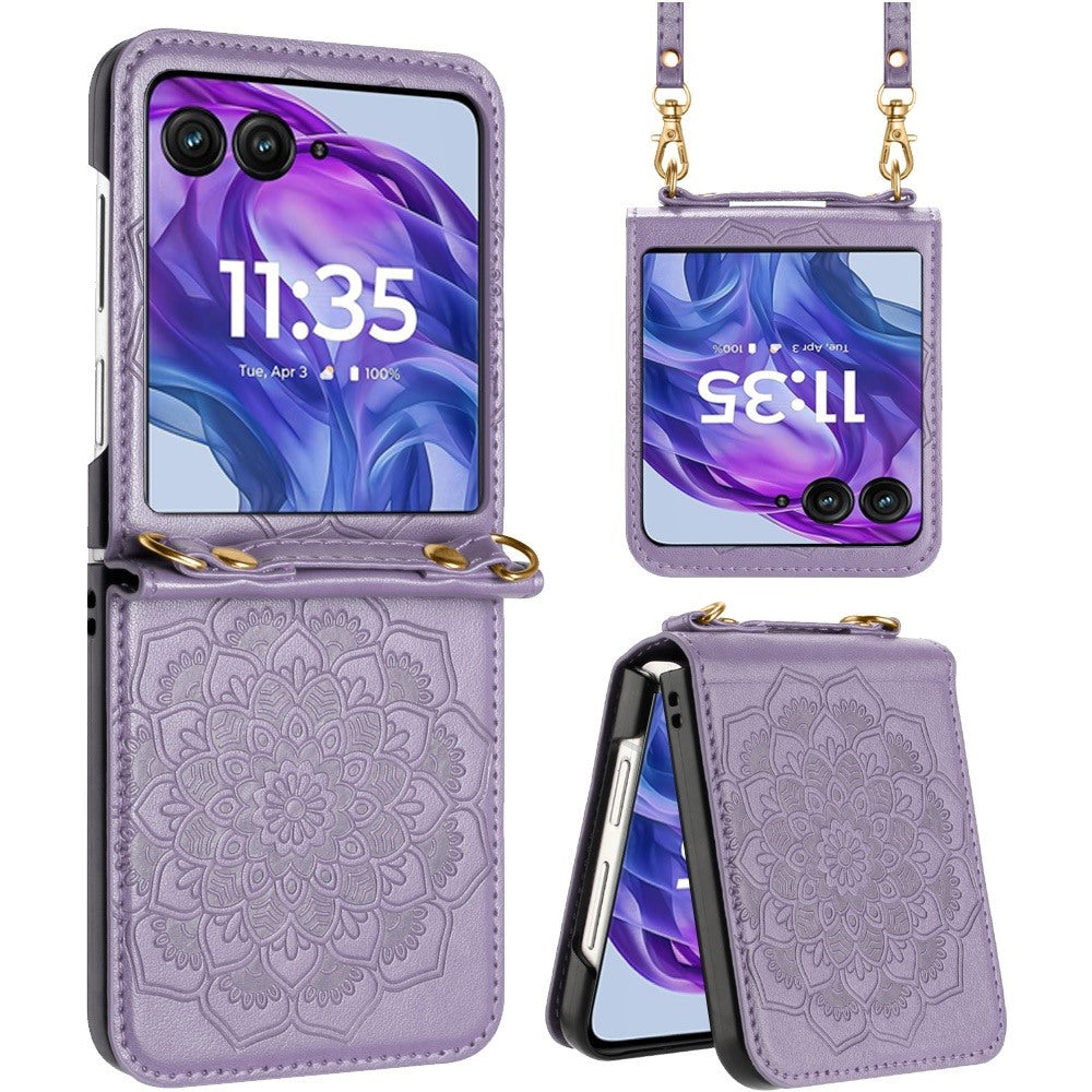 Phone Case Floral PU Leather Cover with Detachable Crossbody Lanyard for Motorola Razr and Razr Plus 2024