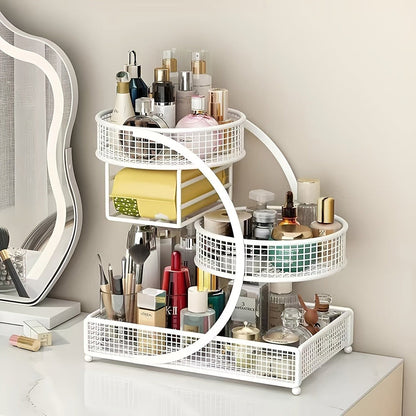 3-Tier Metal Cosmetic Organizer with Tissue Box Holder No-Installation Countertop Makeup Skincare Storage Rack for Bathroom Dresser Vanity