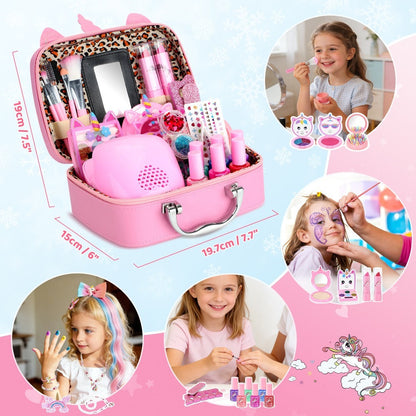 Kids Makeup Set for Girls, 2-in-1 Princess Makeup & Nail Art Kit, Pretend Play Cosmetics with Nail Polish