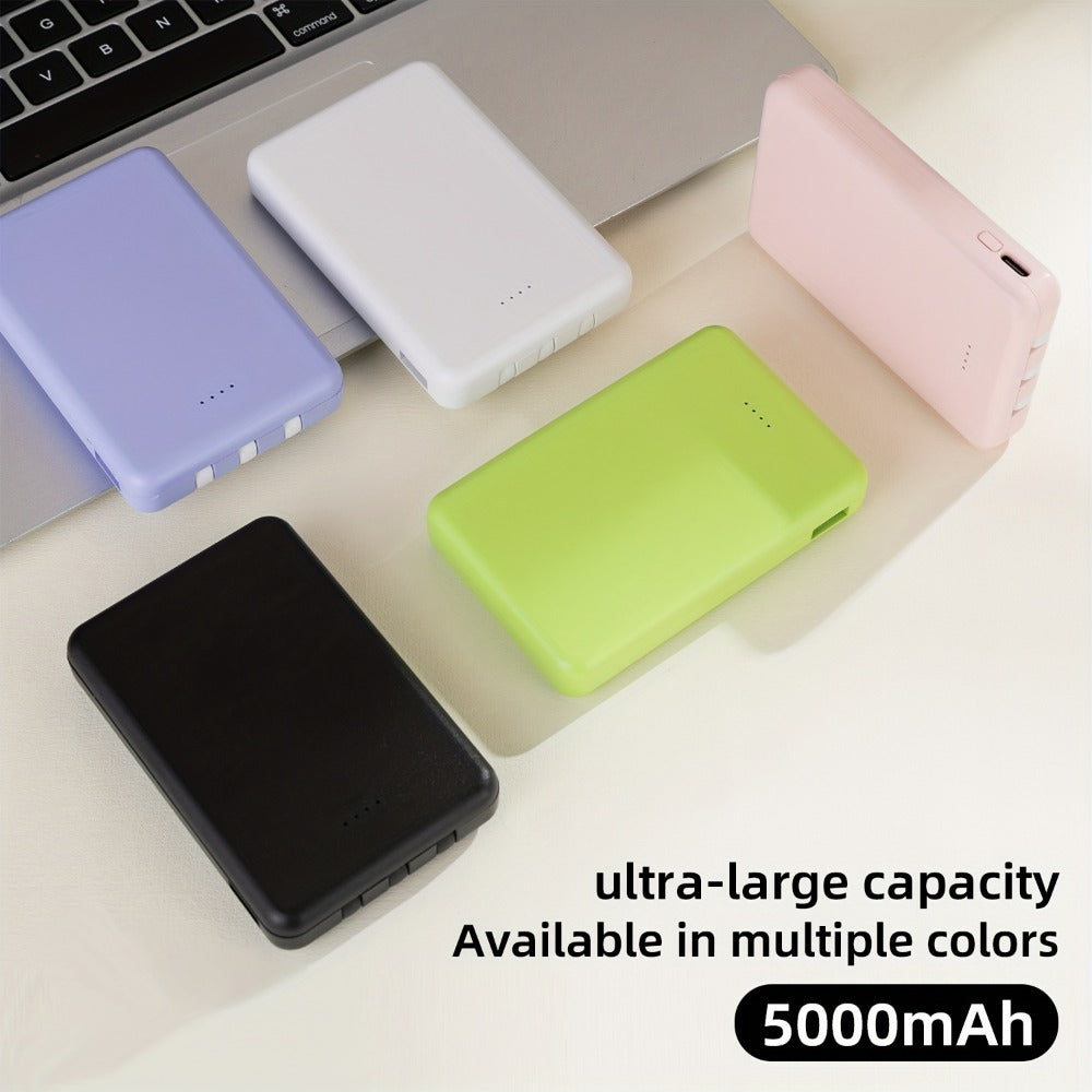 Power Bank Slim 5000mAh or 10000mAh with Built-In USB-C Cable, Four-Device Layout and LED Display