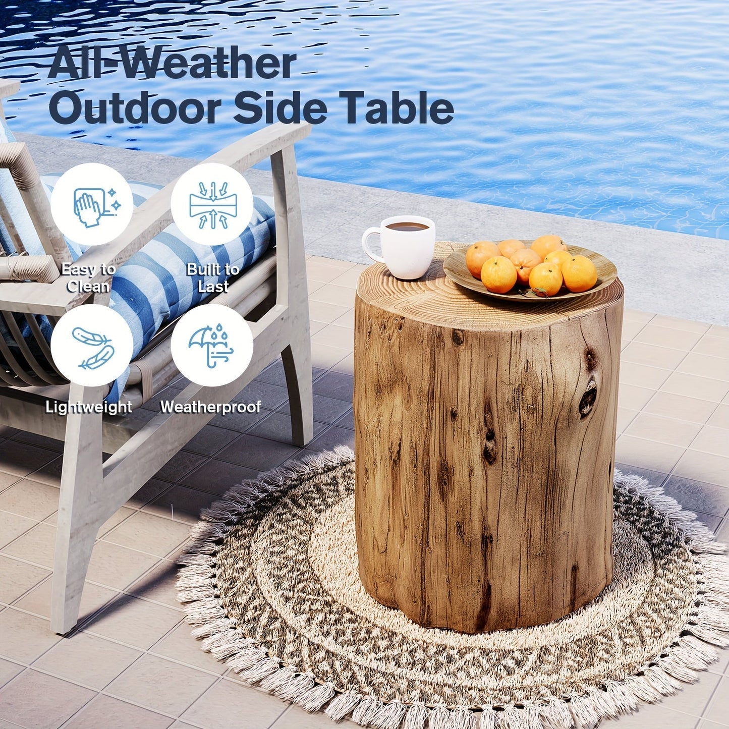 Outdoor Side Table Faux Wood Tree-Stump Design in Magnesia with Cylindrical Form and Brown Finish