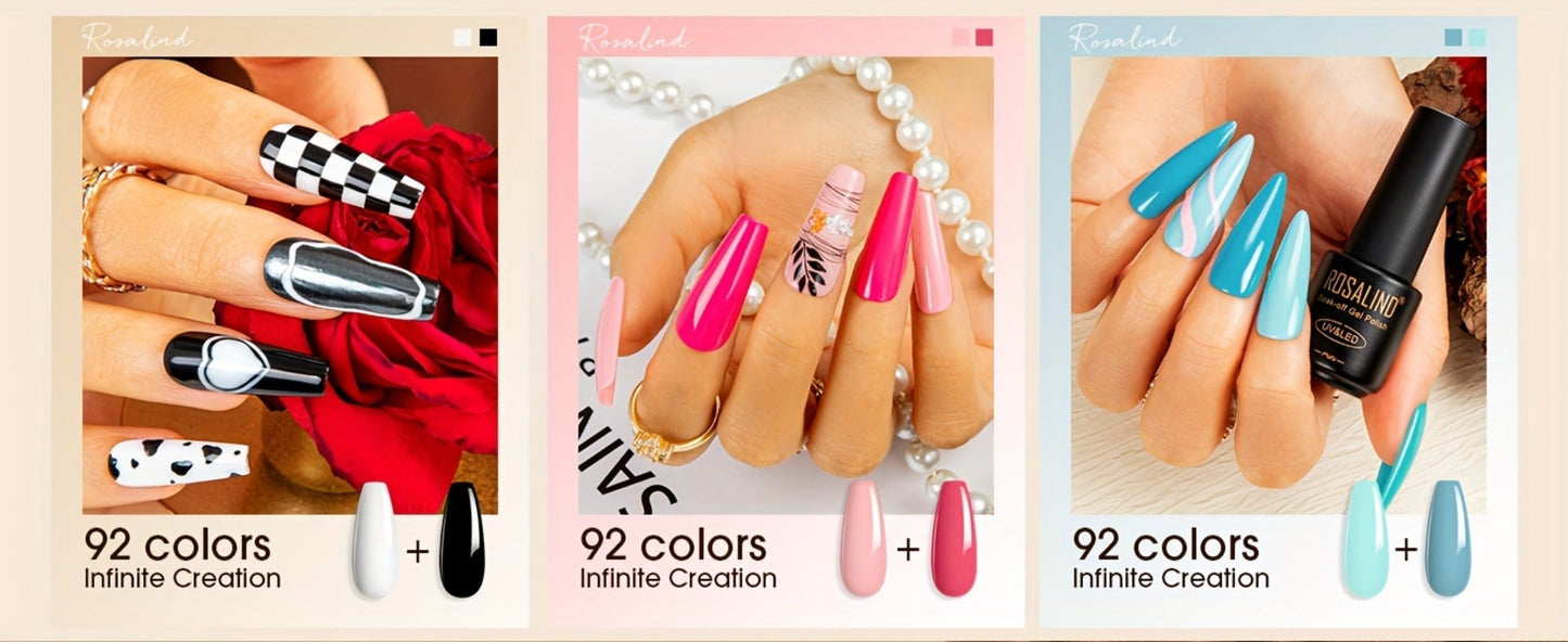 Gel Nail Polish Set with ROSALIND Label, 92 Colors Plus 8 Base and Top Products, 100 Pieces