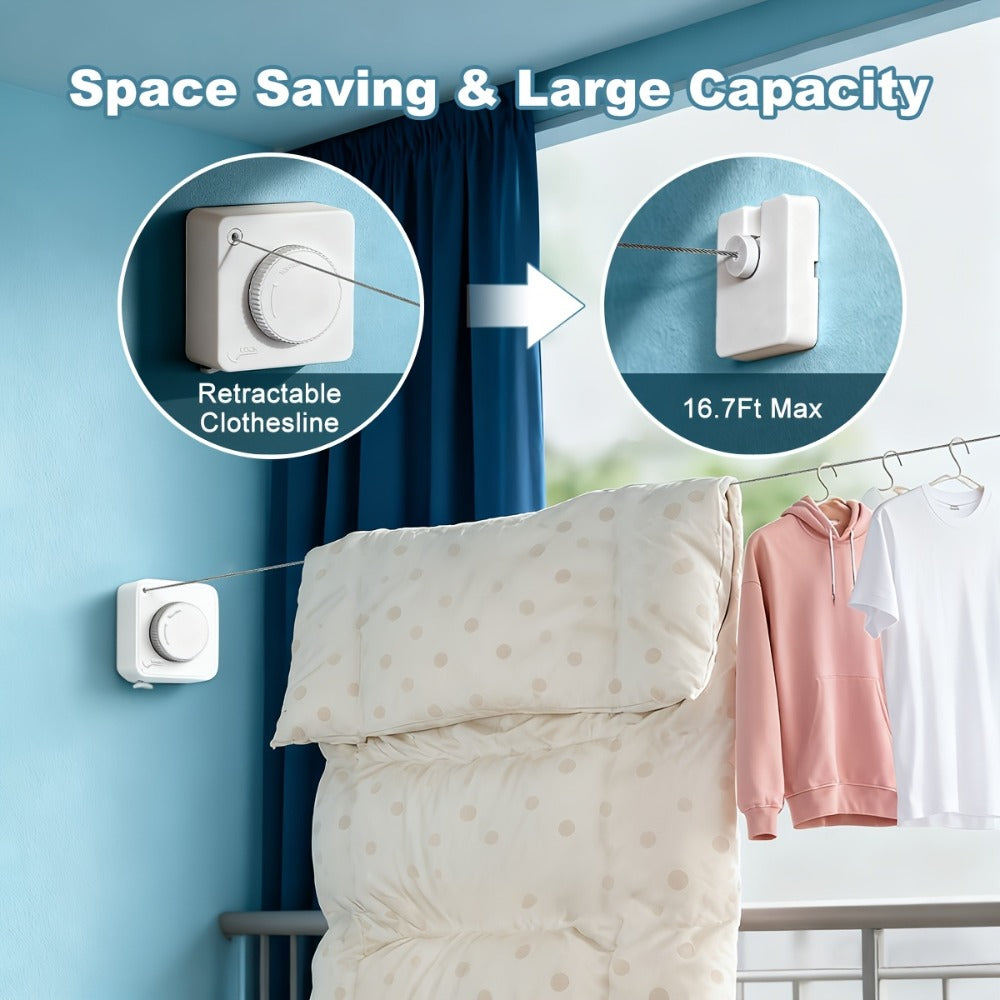Retractable Clothesline Wall Mounted Stainless Steel Non-Sagging Indoor Outdoor Laundry Drying Line 15.1 Ft