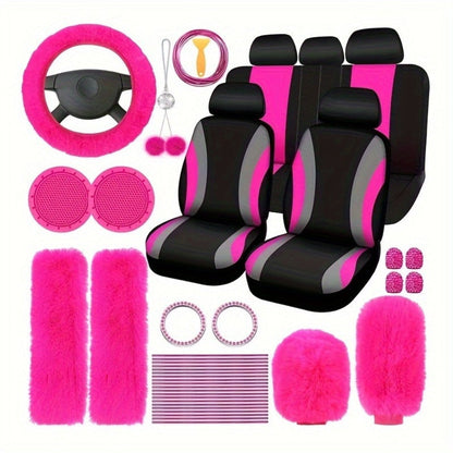 Car Interior Accessories Set for Women 45-Piece – Plush Steering Wheel Cover, Seat Cushion & Pendant, Universal Fit All Seasons