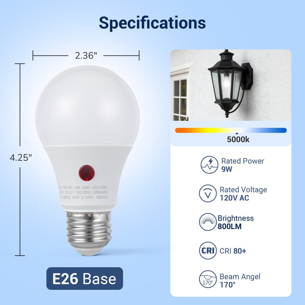 Dusk to Dawn Light Bulbs, A19 E26 Auto On Off Photocell Sensor LED Bulb 9W 60W Equivalent, for Home, Desk and Accent Lighting