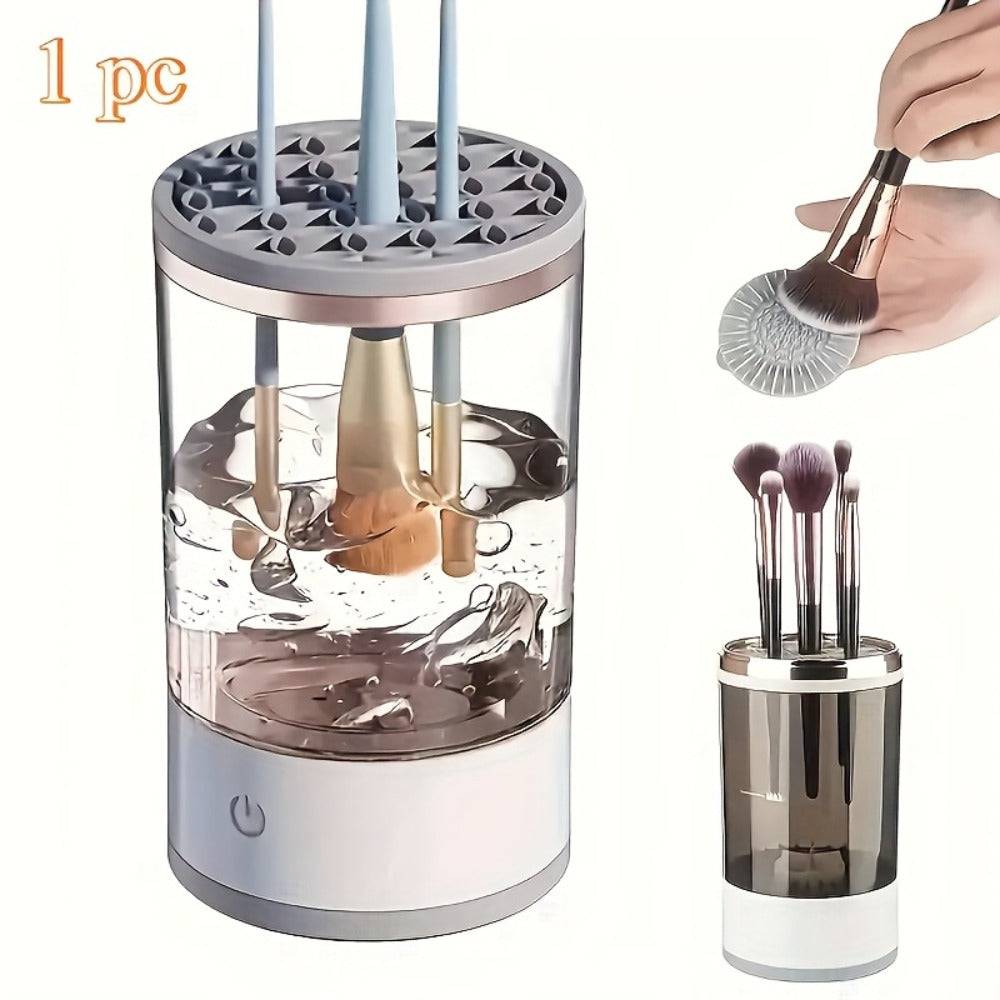 Electric Makeup Brush Cleaner & Dryer USB Powered Automatic Spinner Fast Drying Odorless Transparent Design Dual-Section Brush Holder Beauty