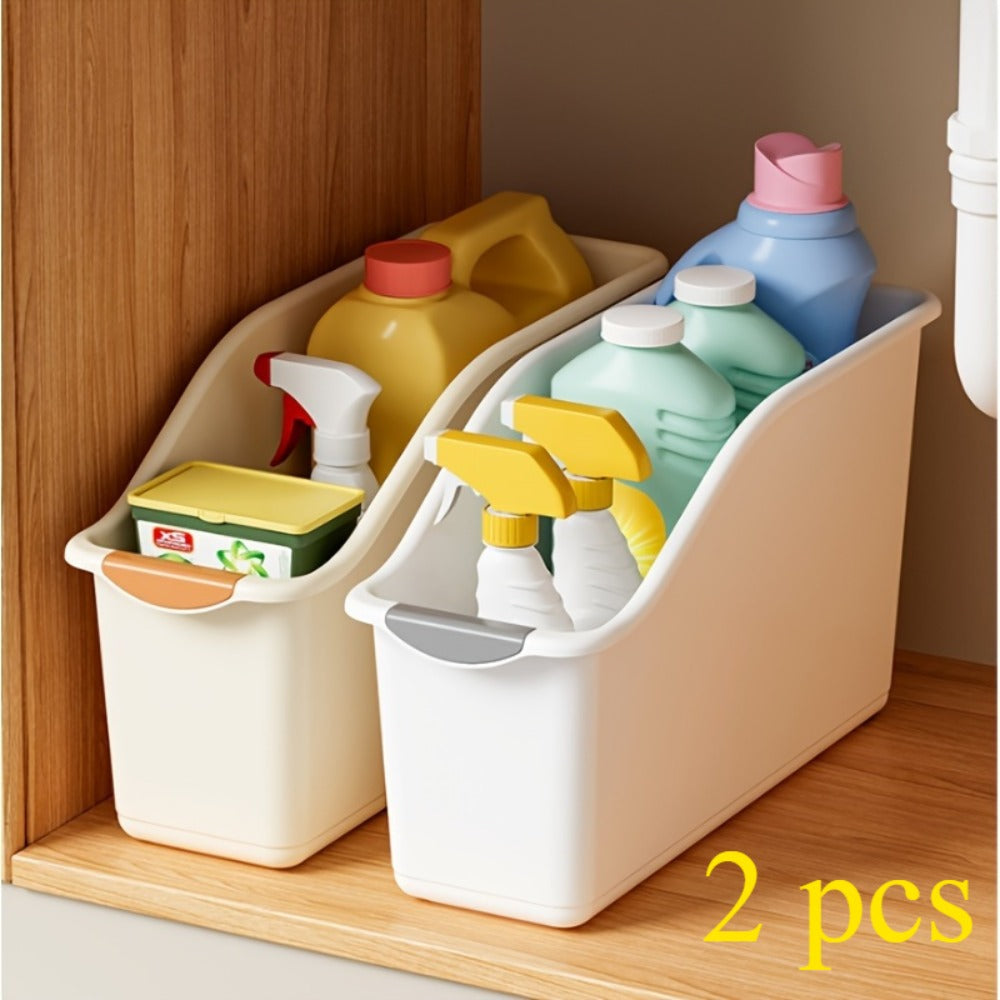 Two-Piece Open-Top Plastic Storage Bin Set with Curved Fronts and Random Color Selection for Cabinets
