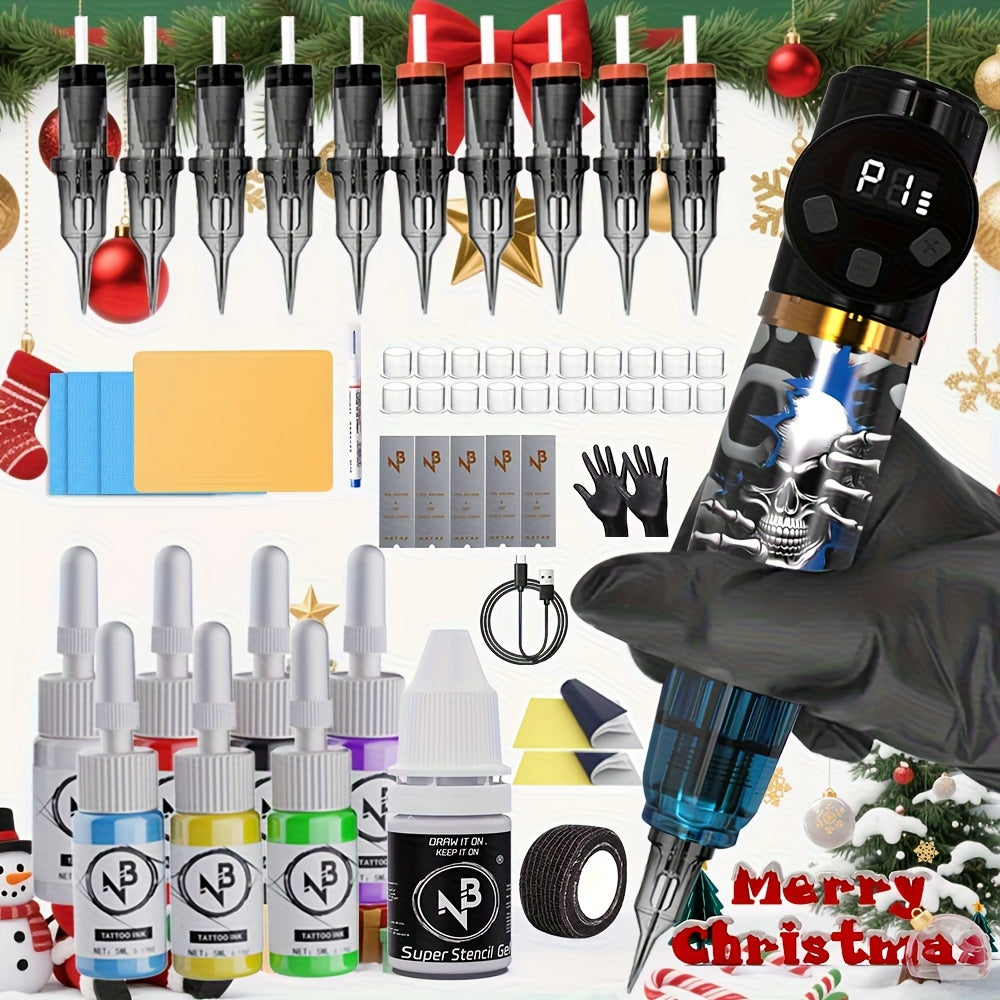 Cordless Tattoo Kit with 1100mAh Skeleton Rotary Pen, 10 Cartridge Needles, 7 Inks and Two Colors