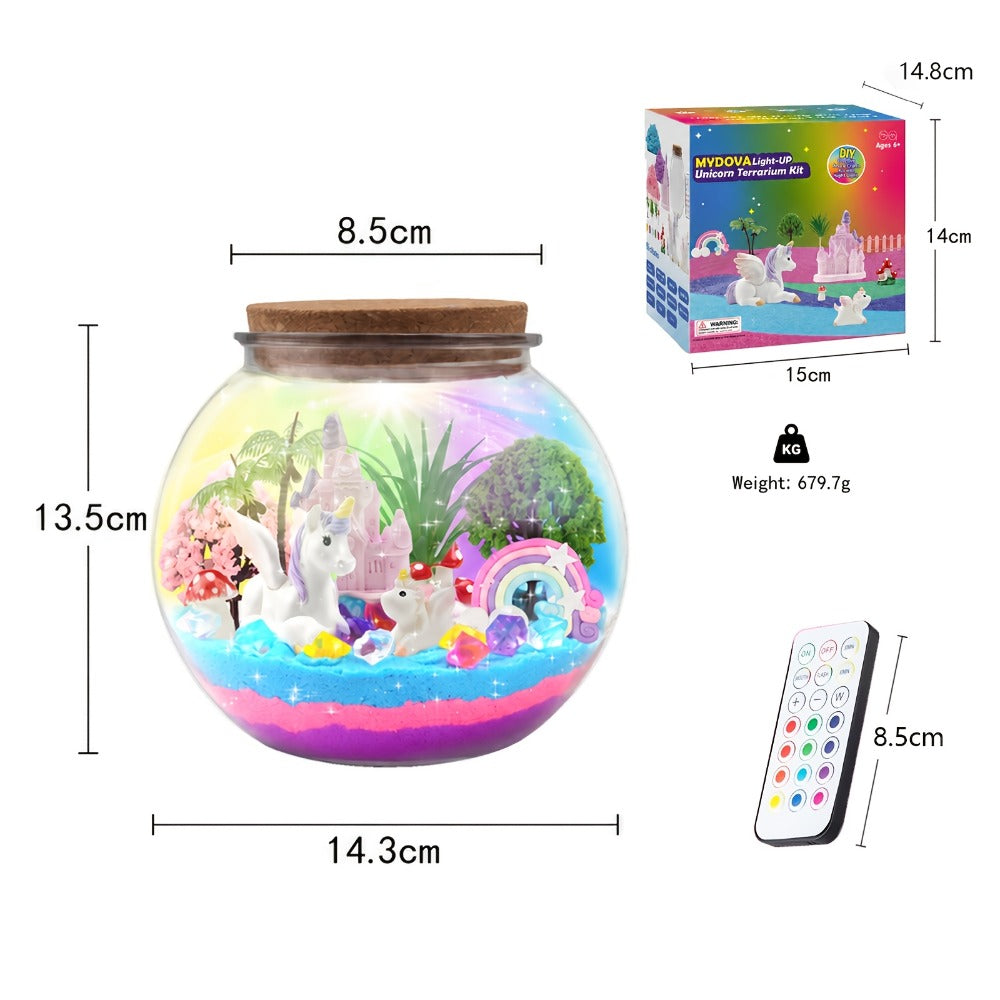 Unicorn Terrarium Craft Kit with Decorative Globe, Multicolor LED Light, Remote and Layered Sand Accessories