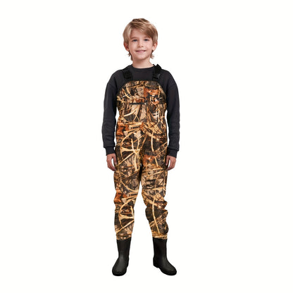 Kids Chest Waders Waterproof with Attached Boots – Youth Nylon Fishing & Hunting Waders, Cartoon Stripe Design, Lock Closure, Ages 4-13