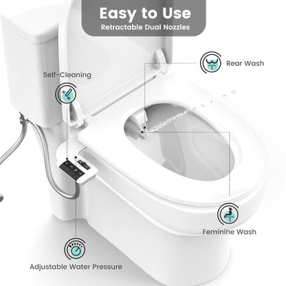 Bidet Attachment for Toilet – Dual Retractable Nozzle Non-Electric Self-Cleaning Fresh Water Bidet Sprayer