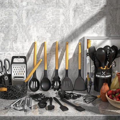 Silicone Kitchen Utensils Set 34-Piece with Holder, Heat Resistant Cooking Spatula Tools for Nonstick Cookware