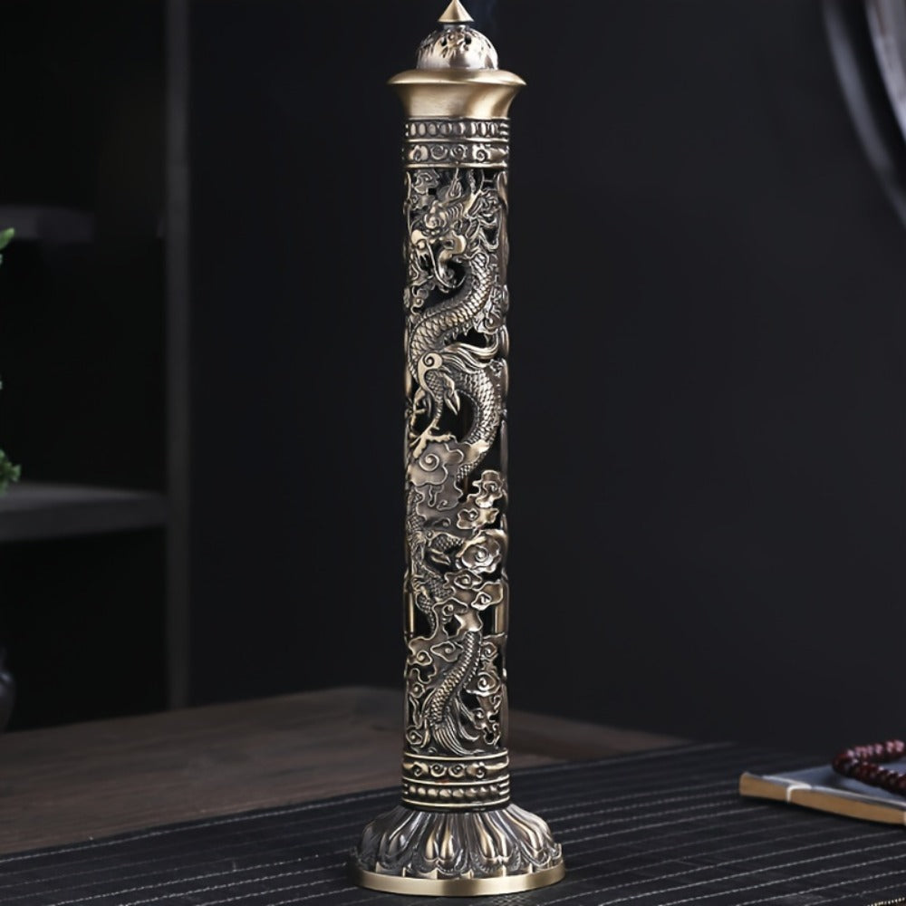 Incense Stick Holder Metal Retro Vertical Design, Dragon & Phoenix Heart Sutra Motif Brass Incense Burner Stand