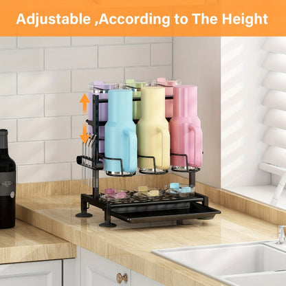 Cup Holder Rack 6-Grid Cast Iron Water Bottle Organizer for Kitchen Cabinet | Adjustable Height Drinkware Storage Rack Holds 40oz Cups Mugs