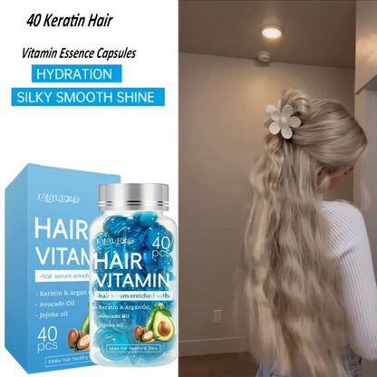 Hair Oil Capsules 40pcs – Keratin Hair Vitamin Essence with Moroccan Argan Oil, Avocado Oil & Jojoba Oil | No-Rinse Deep Nourishing