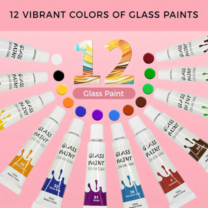 Stained Glass Painting Kit 12 Colors Acrylic Paint Set with 3 Brushes, Window Glass Paint for Wine Glasses Ceramic Mugs