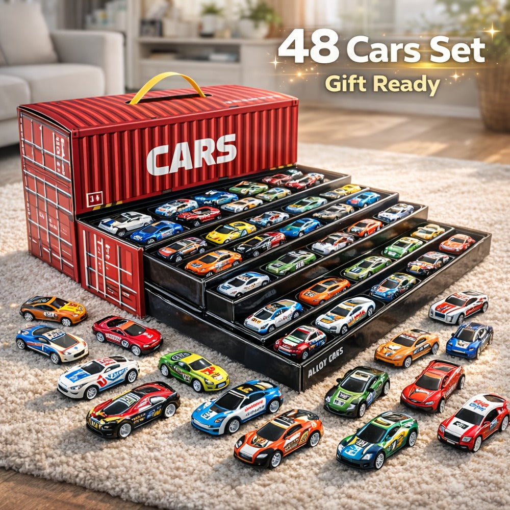 48-Piece Parking Lot Playset for Kids, 4-Level Car Garage with Friction Powered Mini Cars, Ramp & Track