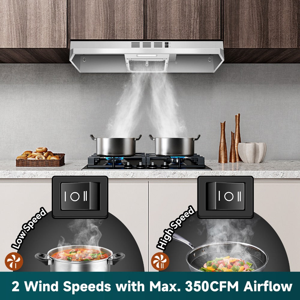 Range Hood 36 Inch Under Cabinet Ducted Ductless Convertible Stainless Steel 350CFM 2-Speed for Home Cooking, Dining and Outdoor Meals