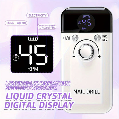 Electric Nail Drill 45000 RPM Rechargeable Kit with LCD Display and V6 Pink or White Options