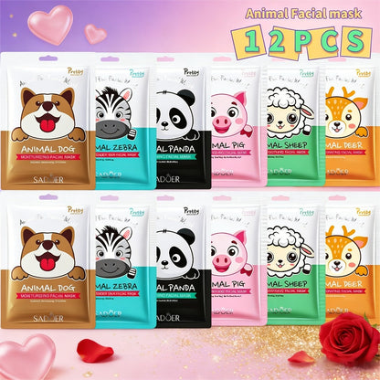 SADOER Animal-Print Sheet Mask 12-Pack with Two Each of Six Illustrated Facial Designs in Individual Pouches