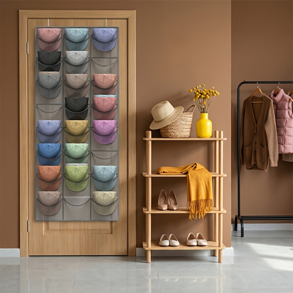 Over the Door Hat Organizer 24 Pocket - Baseball Cap Rack with Large Clear Pockets for Entryways, Bedrooms and Living Spaces