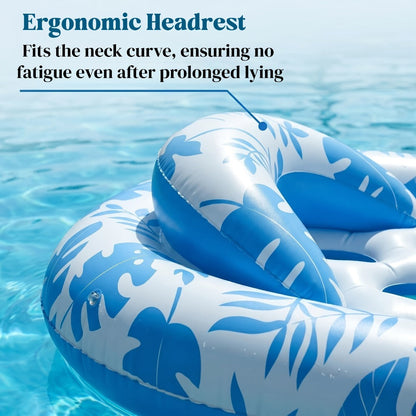 Blue-and-White Inflatable Pool Lounger with Backrest, Cup Holder and 77 x 50-Inch Pictured Size