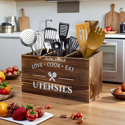 Wooden Cutlery Storage Box with Grid Compartments Chopstick Organizer Rack with Metal for Home Cooking, Dining and Outdoor Meals