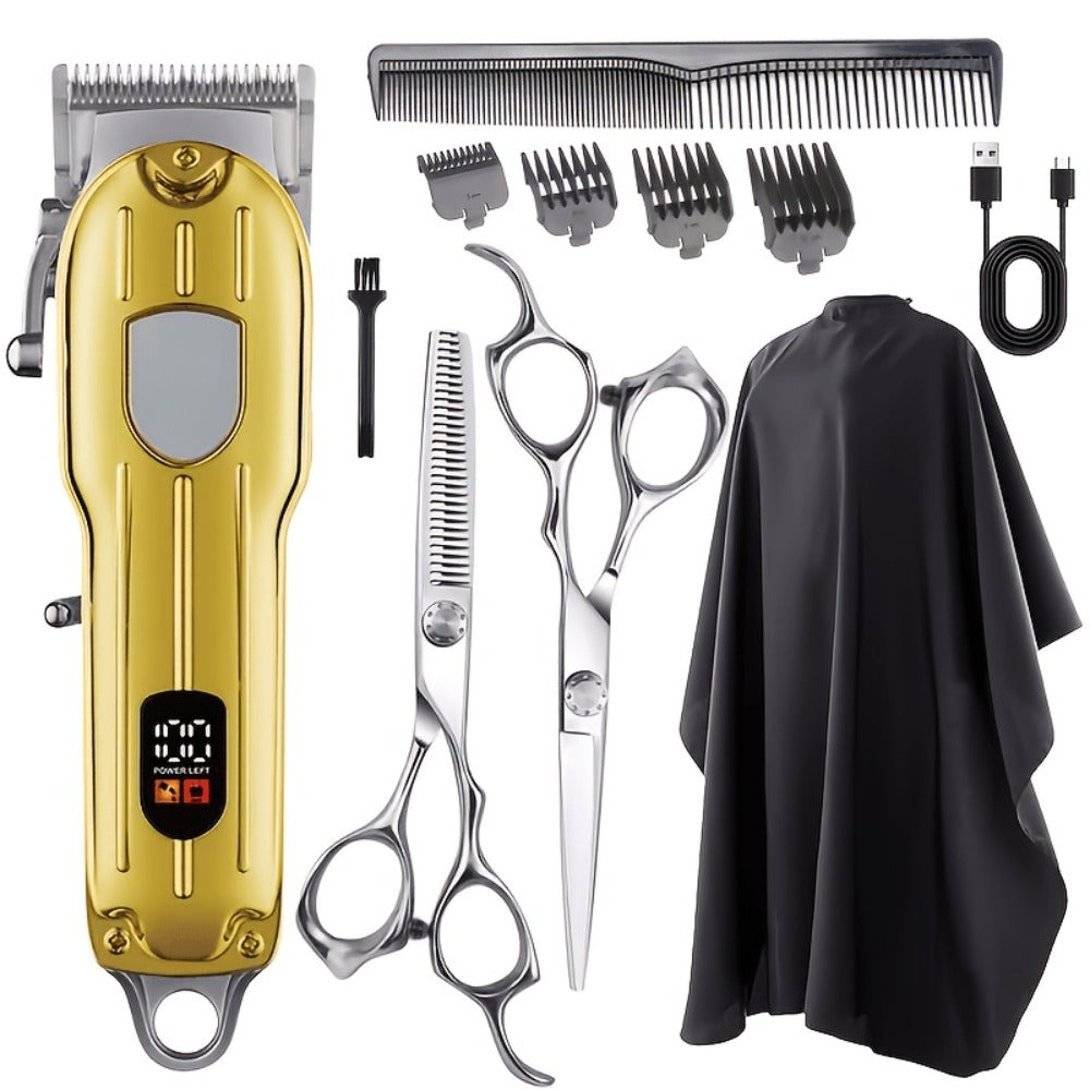 Barber Hair Clipper Kit for Men – USB Rechargeable Digital Size Adjustment, Complete Set with Scissors & 4 Limit Combs