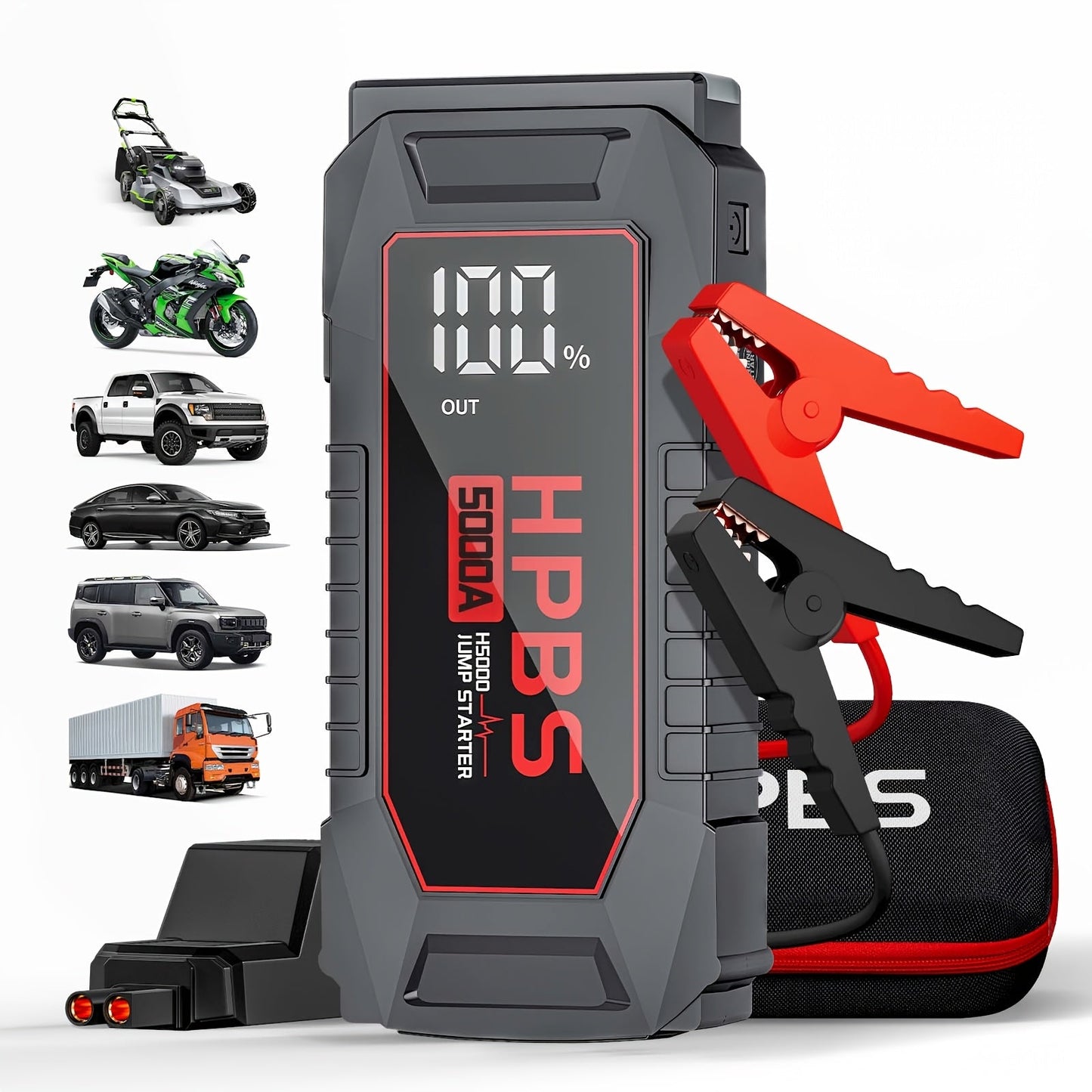 Gray Jump Starter with 3000A or 5000A Source Labels, 24000mAh Marking, Clamp Leads and Carry Case