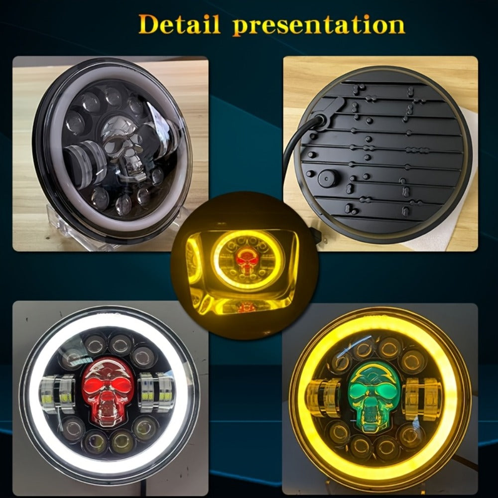 7 Inch Motorcycle LED Headlight Skull Ghost Design – Colorful Demon Eye Round Head Lamp, Custom Car Headlight Modification Front Light