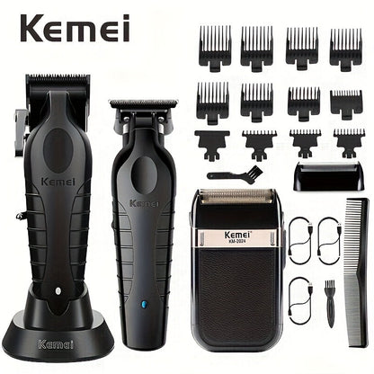 Hair Clippers & Trimmers Kemei Three-Piece Black Set with Full-Size Clipper, Detailer, Foil Shaver and Charging Base