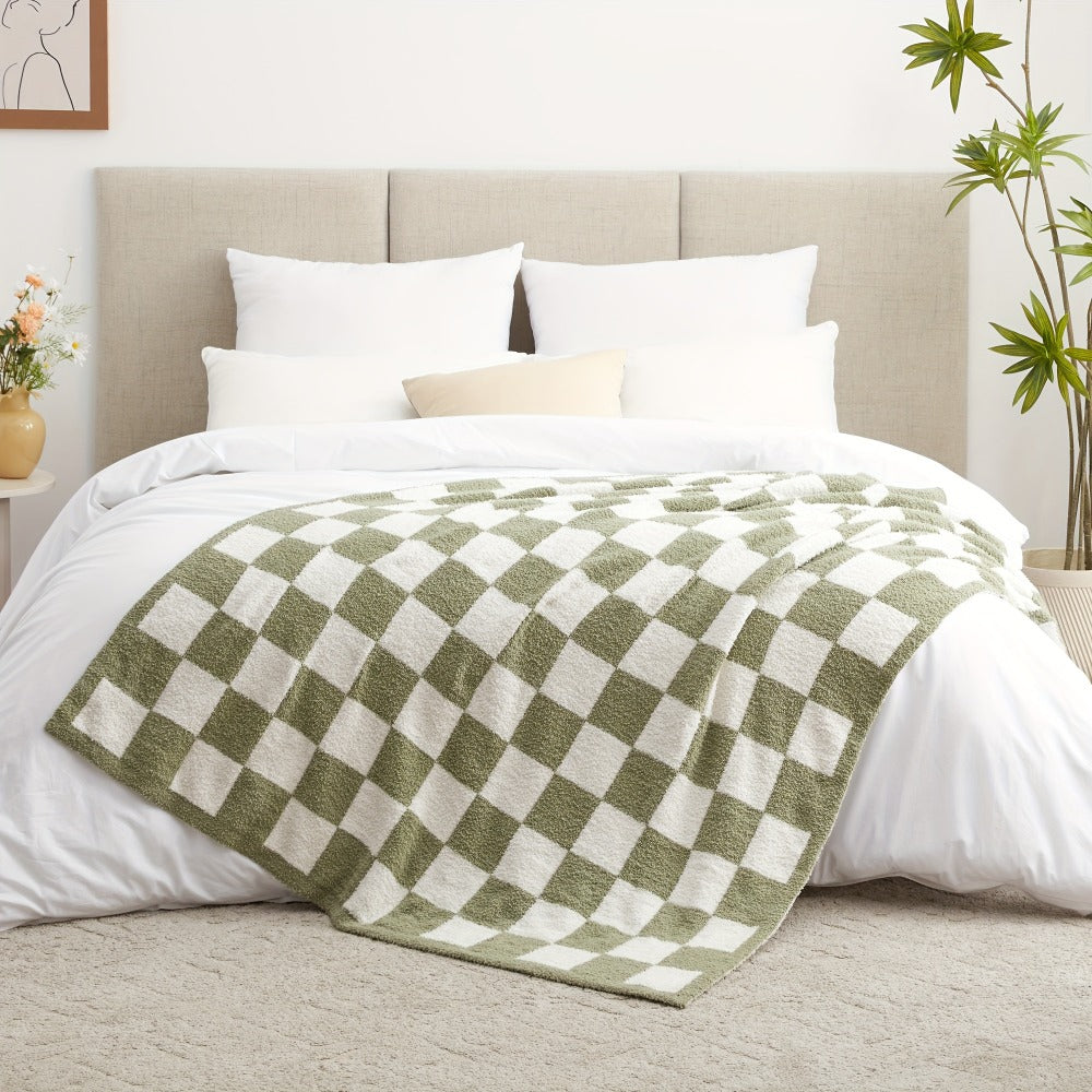 Jacquard Knit Checkered Blanket, Cozy Fluffy Plaid Throw for Couch, Bed & Sofa, All Seasons, 4 Colors