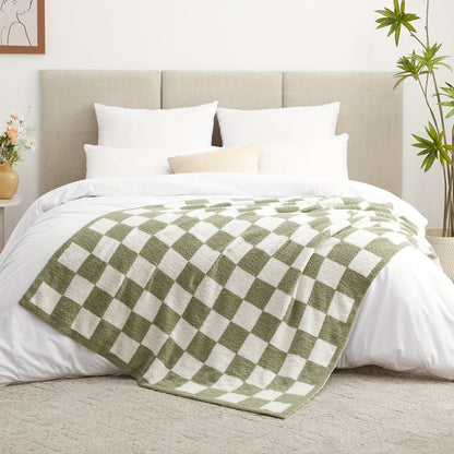 Jacquard Knit Checkered Blanket, Cozy Fluffy Plaid Throw for Couch, Bed & Sofa, All Seasons, 4 Colors