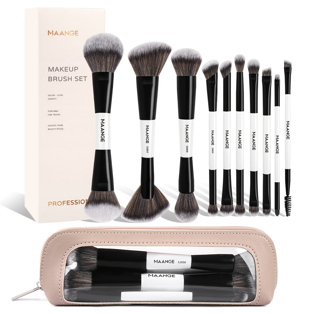 Makeup Brush Set, 10-Piece Double-Ended Nylon Bristle Collection with Cosmetic Bag and Three Color Options