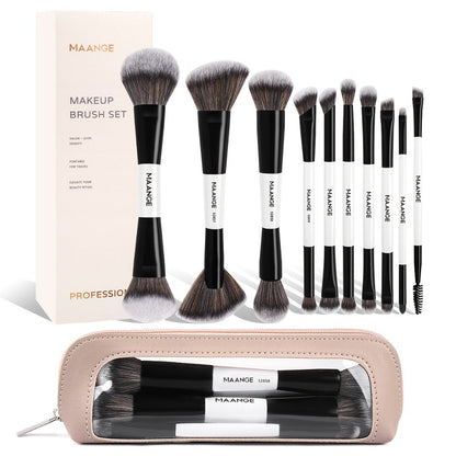 Makeup Brush Set, 10-Piece Double-Ended Nylon Bristle Collection with Cosmetic Bag and Three Color Options