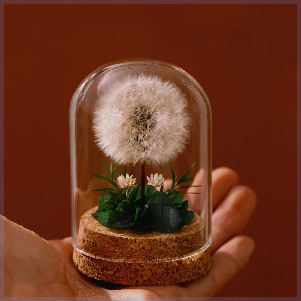 Dandelion Glass Dome Tabletop Decor with White Seed Head, Cork-Look Base, 3.2 x 2.4-Inch Size and Red or Pink Flowers