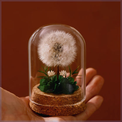 Dandelion Glass Dome Tabletop Decor with White Seed Head, Cork-Look Base, 3.2 x 2.4-Inch Size and Red or Pink Flowers