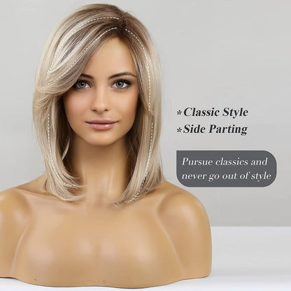 Synthetic Wig 16-Inch Mixed White-Golden Straight Style with Adjustable Rose Net Cap for Costume Looks