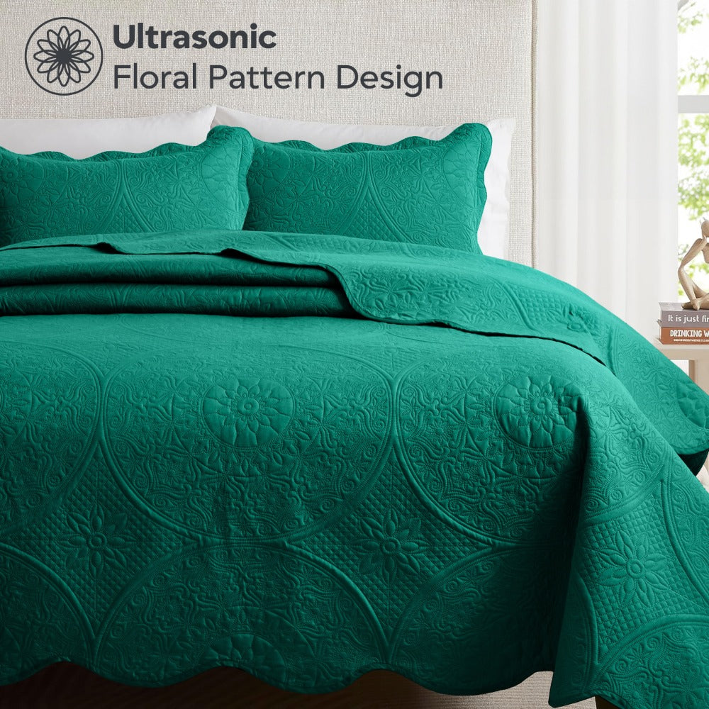 Floral-Pattern Three-Piece Bedspread Set in 16 Colors with Twin, Queen, King and California King Sizes