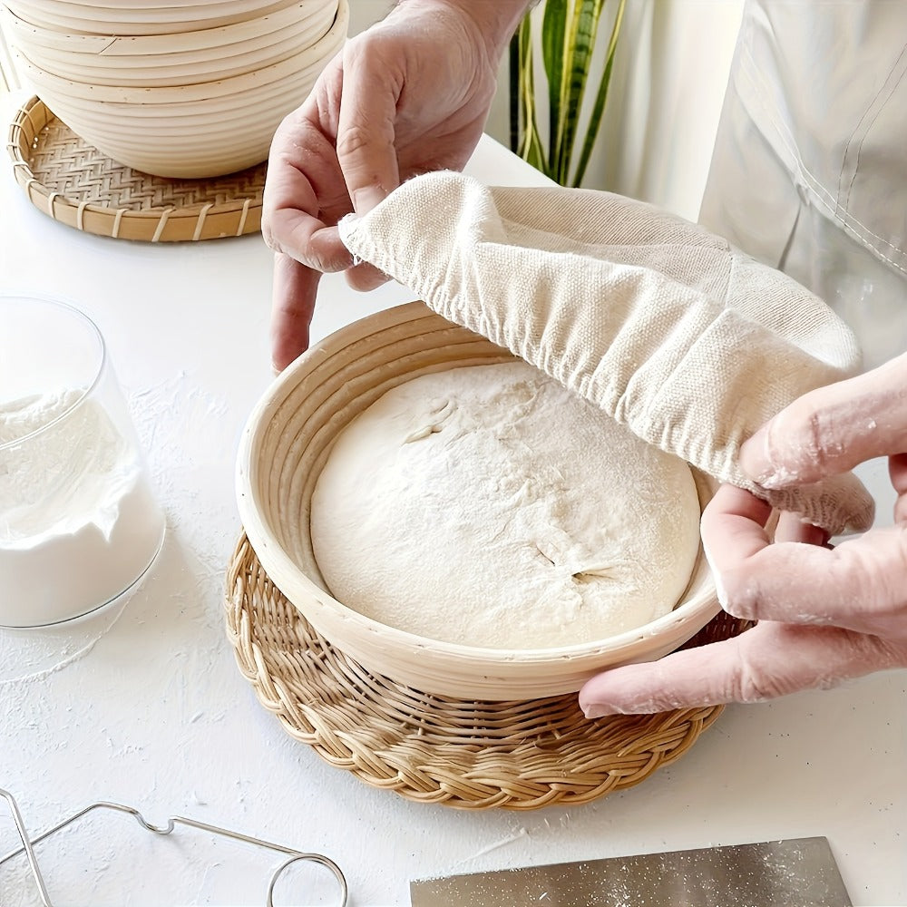 Bread Proofing Basket Set 2pcs 9 Inch Round Handmade Rattan with Liners Banneton Proofing for Entryways, Bedrooms and Living Spaces