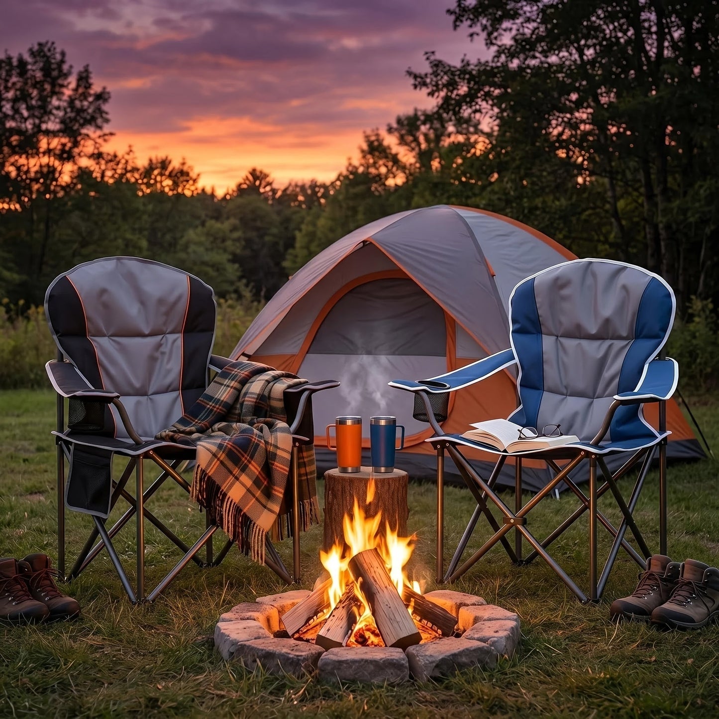 Padded Folding Camping Chair with 26.38-Inch Back, Cup Holder, Side Storage and Seven Color or Pair Options