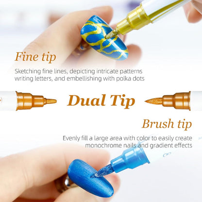 Nail Art Pens Set 10 Metallic Colors with 12pcs Nail Stickers – Dual-Headed 3D Acrylic Polish Markers for Doodle Dot Line Stitching Graffiti